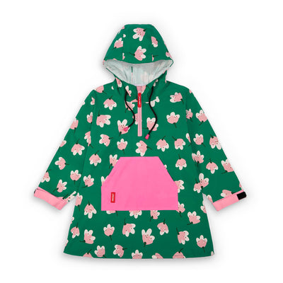 Regenponcho kind groen bloemen prints roze zak verstelbare capuchon Hello Hossy