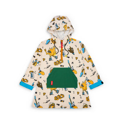 Kinderegenponcho Crème muziek prints groene kangoeroe zak Hello Hossy