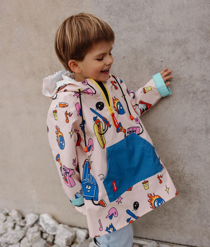 Regenponcho kind Crème blauw rood Sport motief zakken Hello Hossy