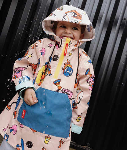 Regenponcho kind crème Sport prints blauw rits zak Hello Hossy