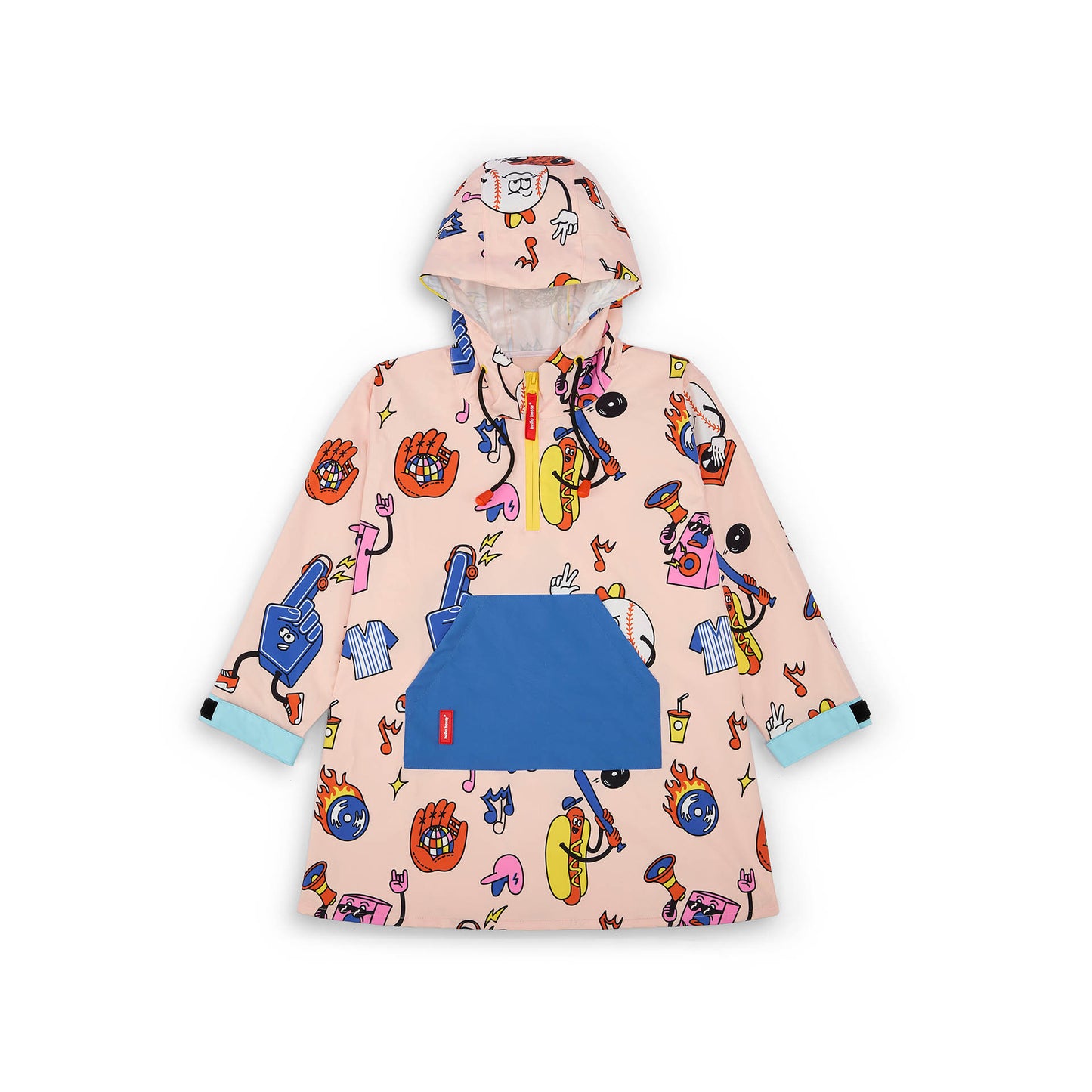 Regenponcho kind roze kleurrijke prints blauwe zak Hello Hossy