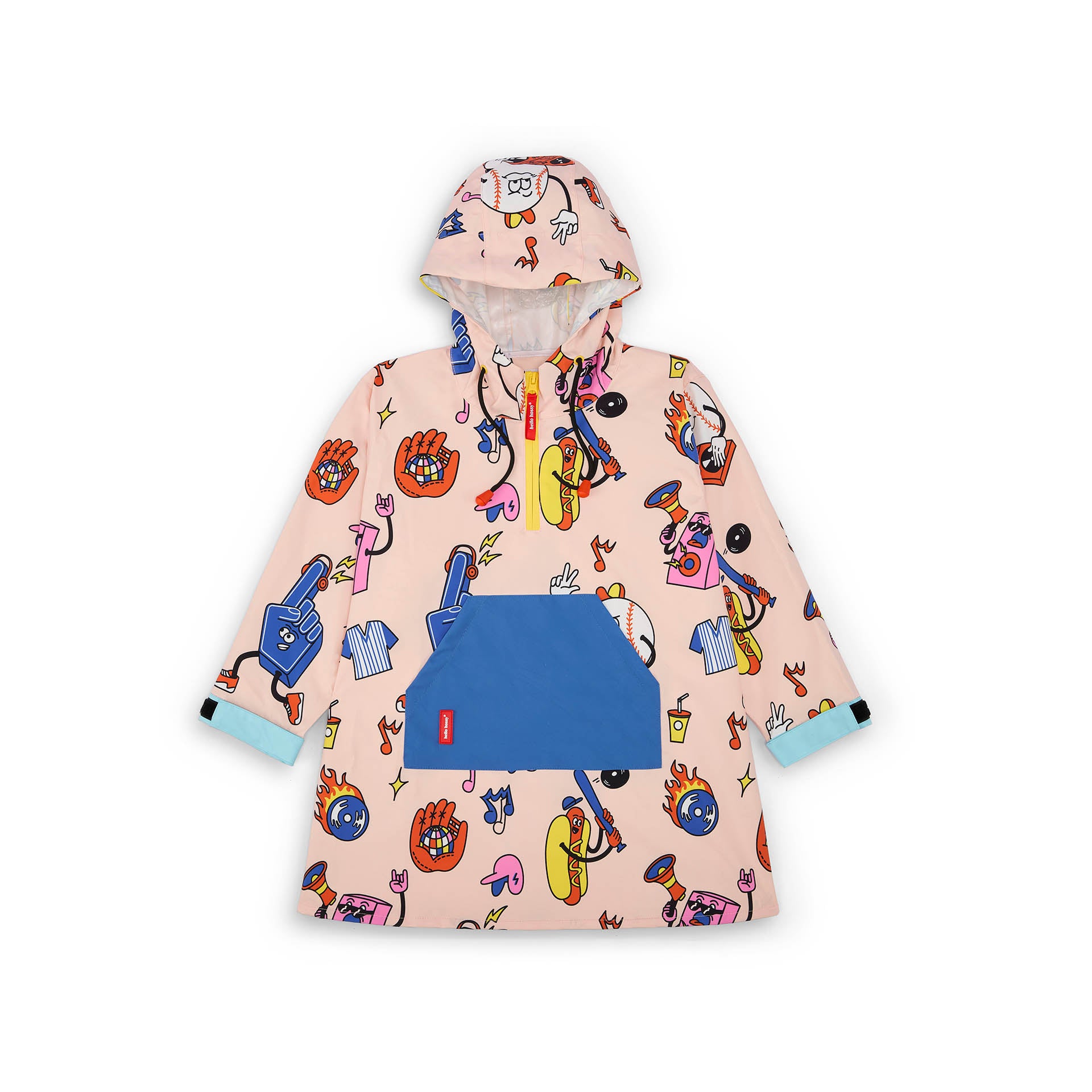 Regenponcho kind roze kleurrijke prints blauwe zak Hello Hossy