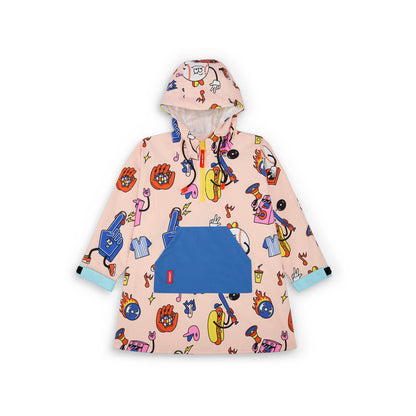 Regenponcho kind roze kleurrijke prints blauwe zak Hello Hossy