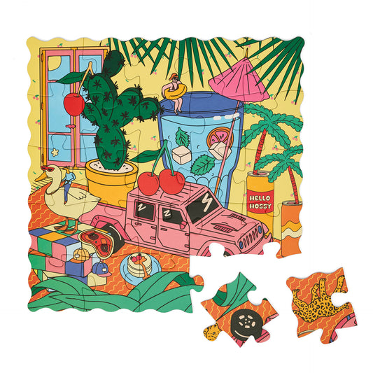 Puzzle pour enfant Hello Hossy "Cherry Safari" partiellement assemblé – vue à plat – fond blanc