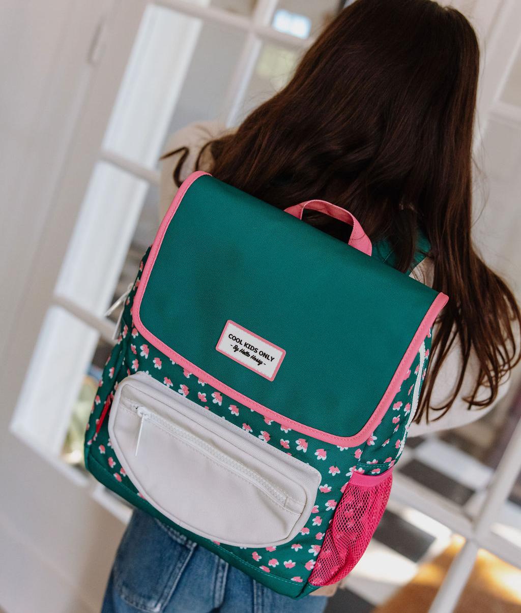 Groene kinderrugzak met roze bloemenprint witte zak Hello Hossy