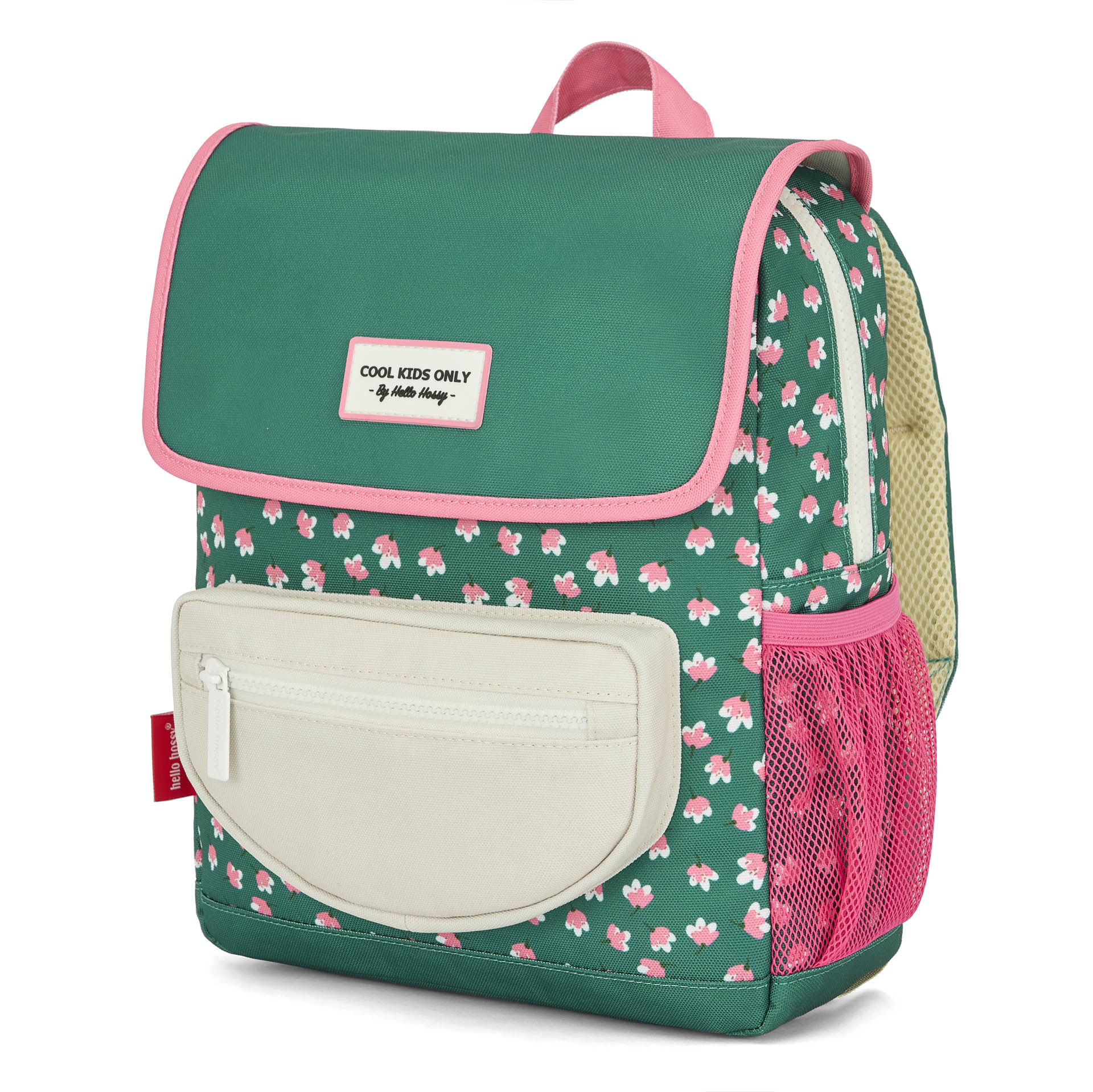 Groene kinderrugzak met roze bloemenprint witte vakken Hello Hossy