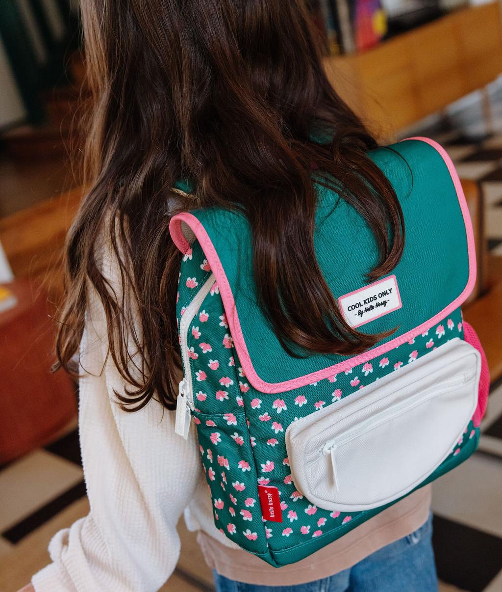 Groene kinderrugzak met roze bloemen witte beschermhoesje Hello Hossy