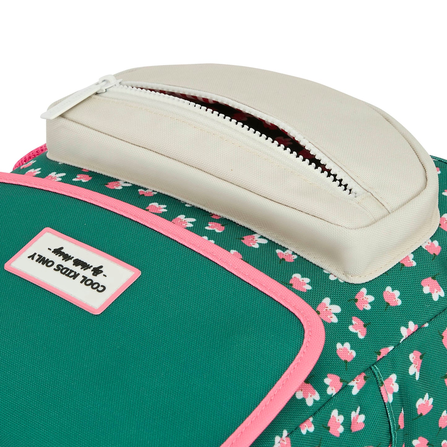 Groene kinderrugzak met roze bloemenprint crème beschermhoesje Hello Hossy