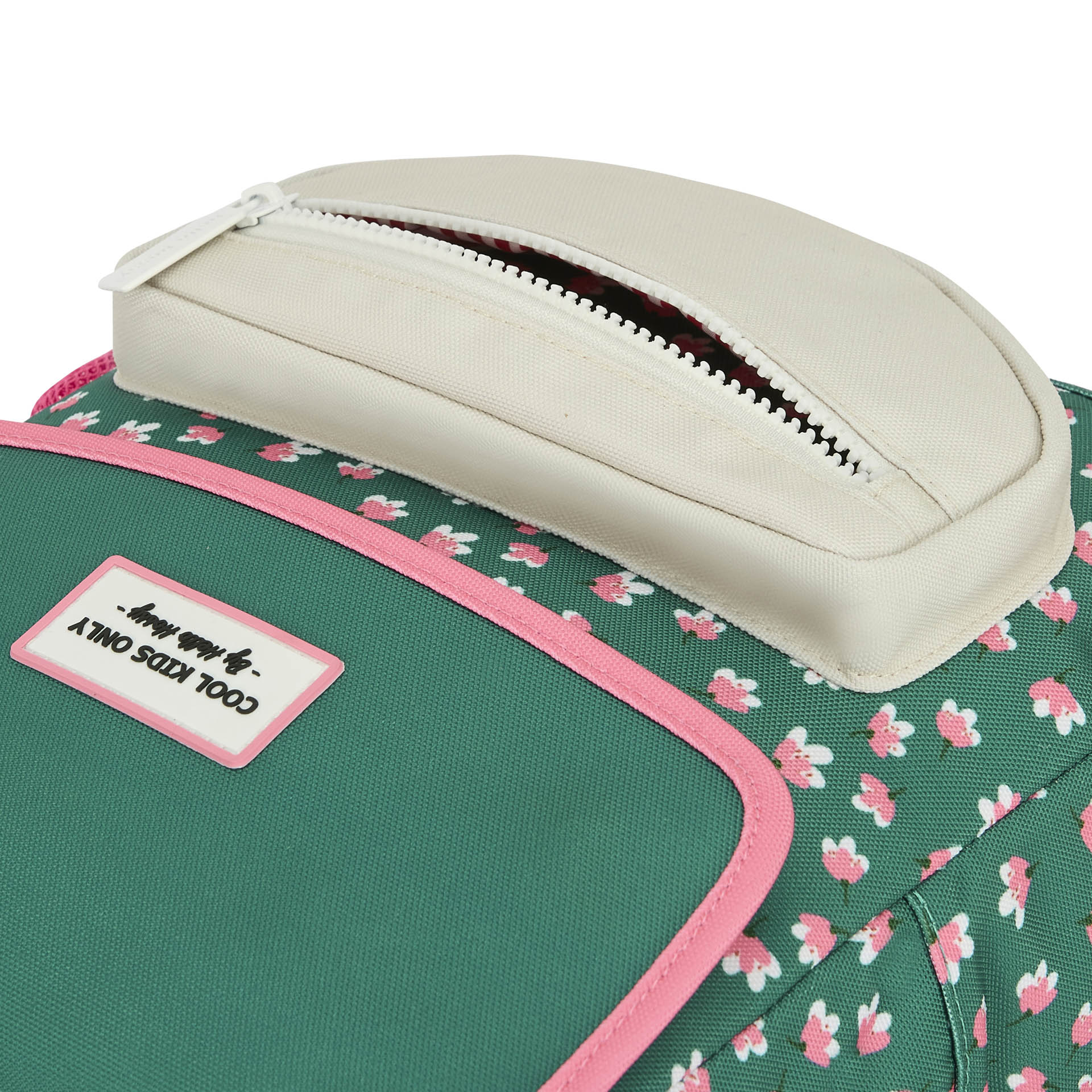 Groene kinderrugzak met roze bloemenprint crème beschermhoesje Hello Hossy