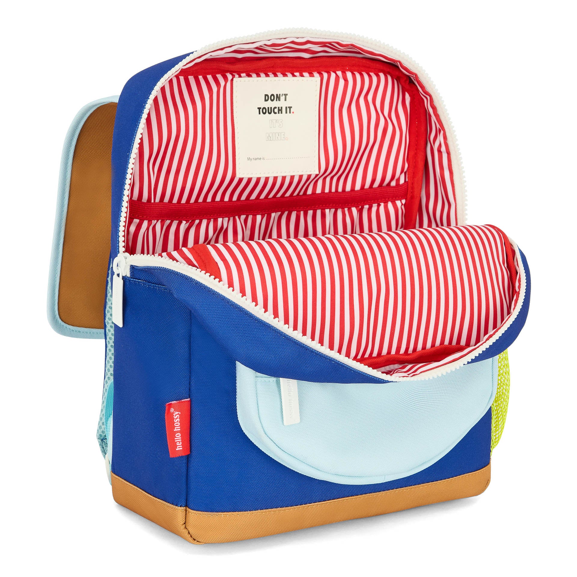 Rugzak kind blauw gestreepte binnenkant rood wit voorvak Hello Hossy