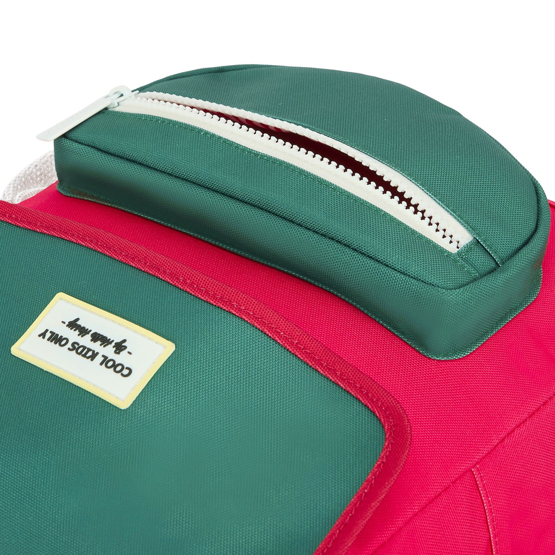 Rugzak kind framboise groene details witte rits patch tekst Hello Hossy