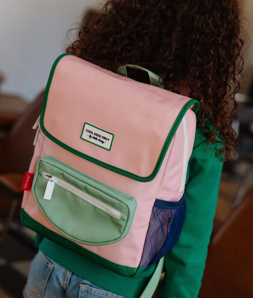 Rugzak kind roze groene rand voorvak Hello Hossy
