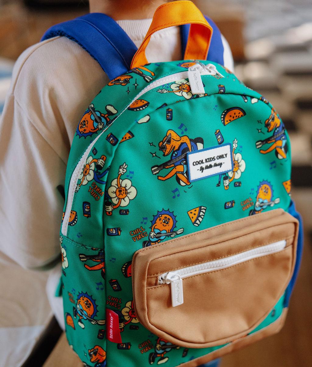 Sac à dos enfant vert motif animaux poche beige Hello Hossy