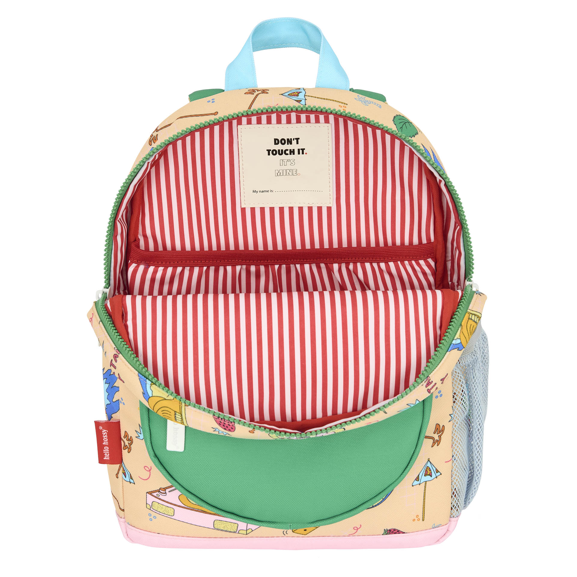 Sac à dos enfant beige vert imprimé food poche avant Hello Hossy