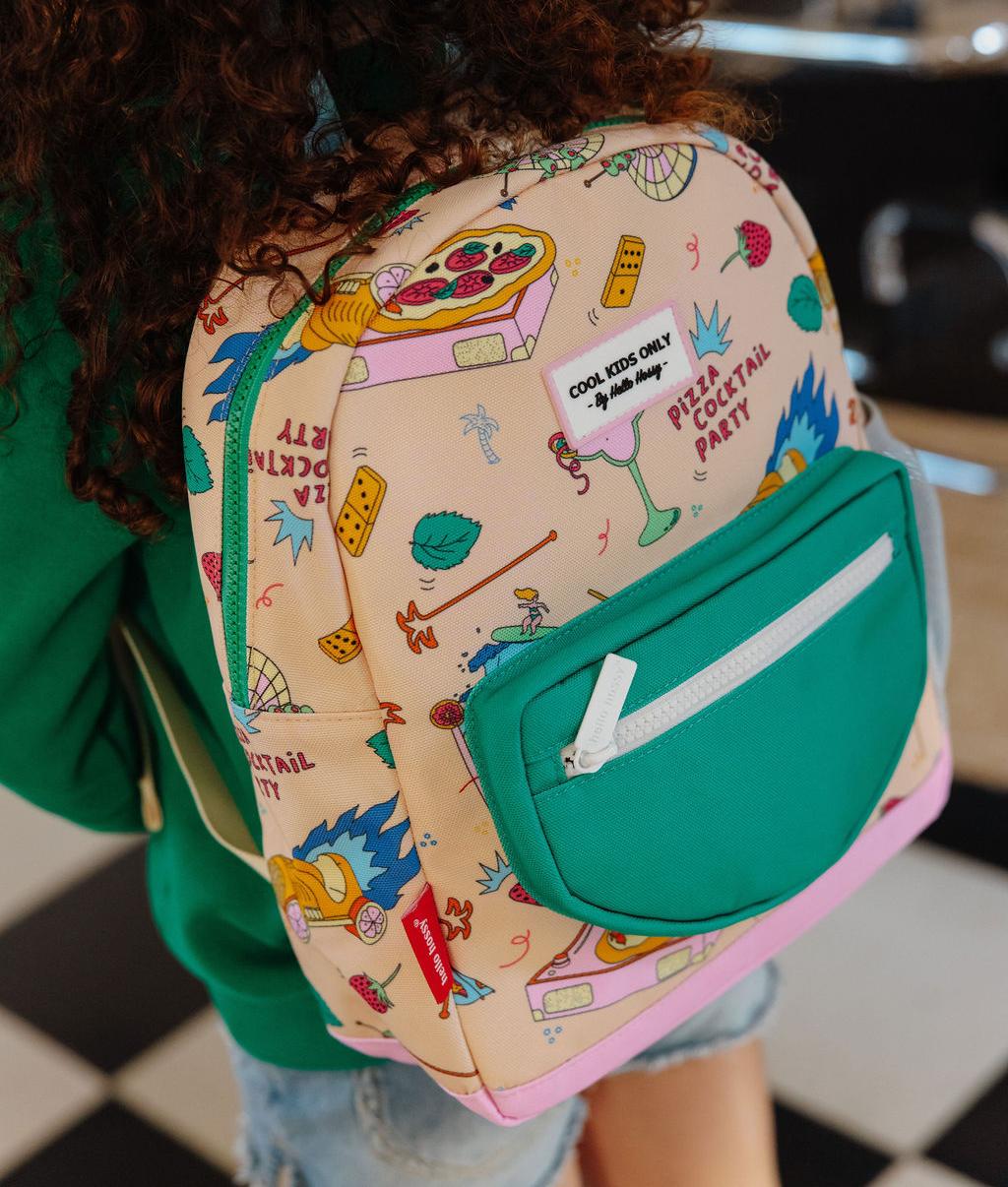Sac à dos enfant beige imprimé food poche frontale verte Hello Hossy