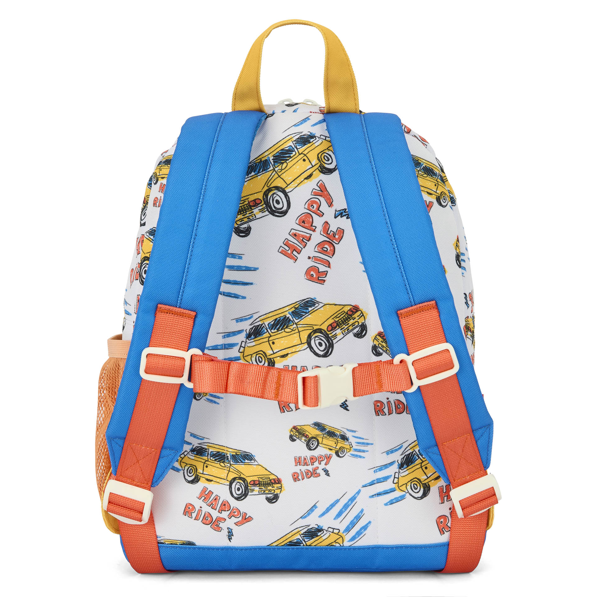 Sac à dos enfant blanc motif voitures bandoulières bleues Hello Hossy
