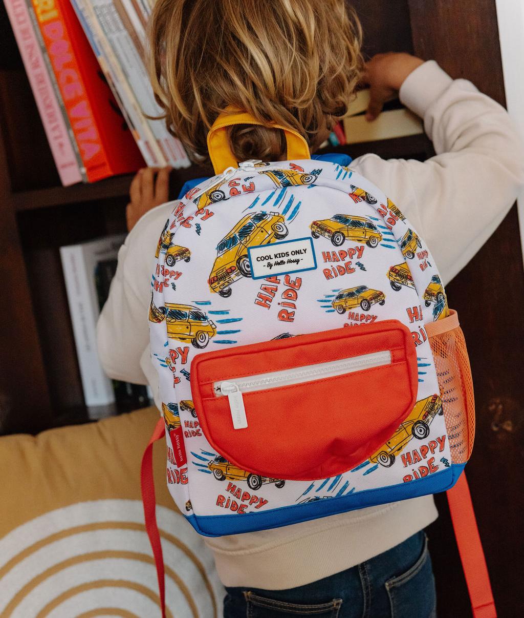 Sac à dos enfant blanc imprimé voitures poches orange Hello Hossy
