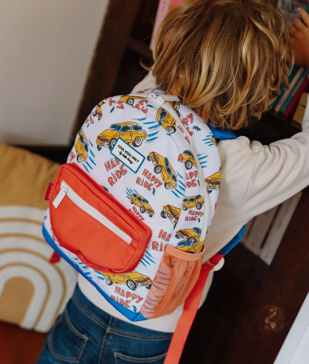 Sac à dos enfant blanc orange motif voitures Hello Hossy