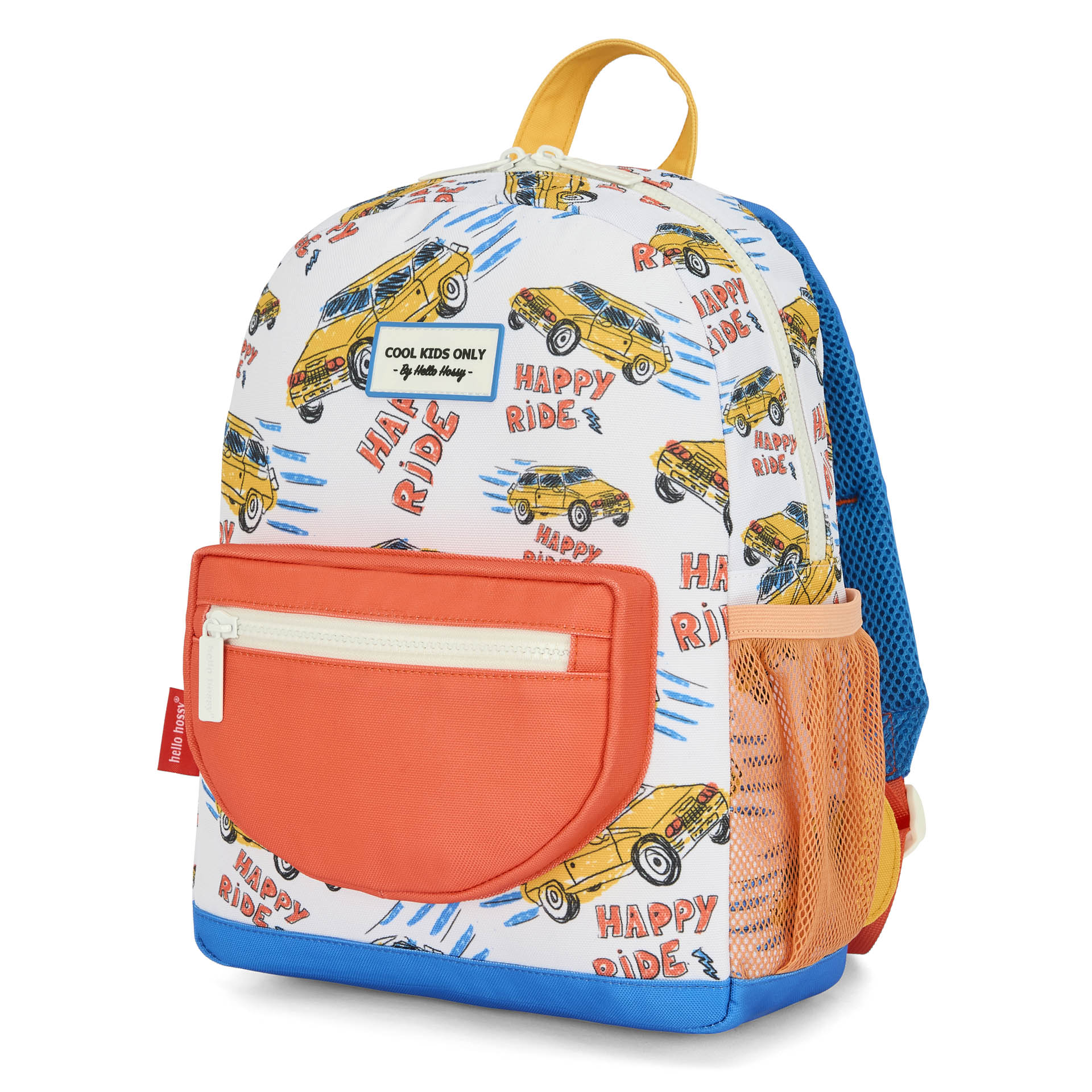 Sac à dos enfant blanc imprimé voitures poche orange Hello Hossy