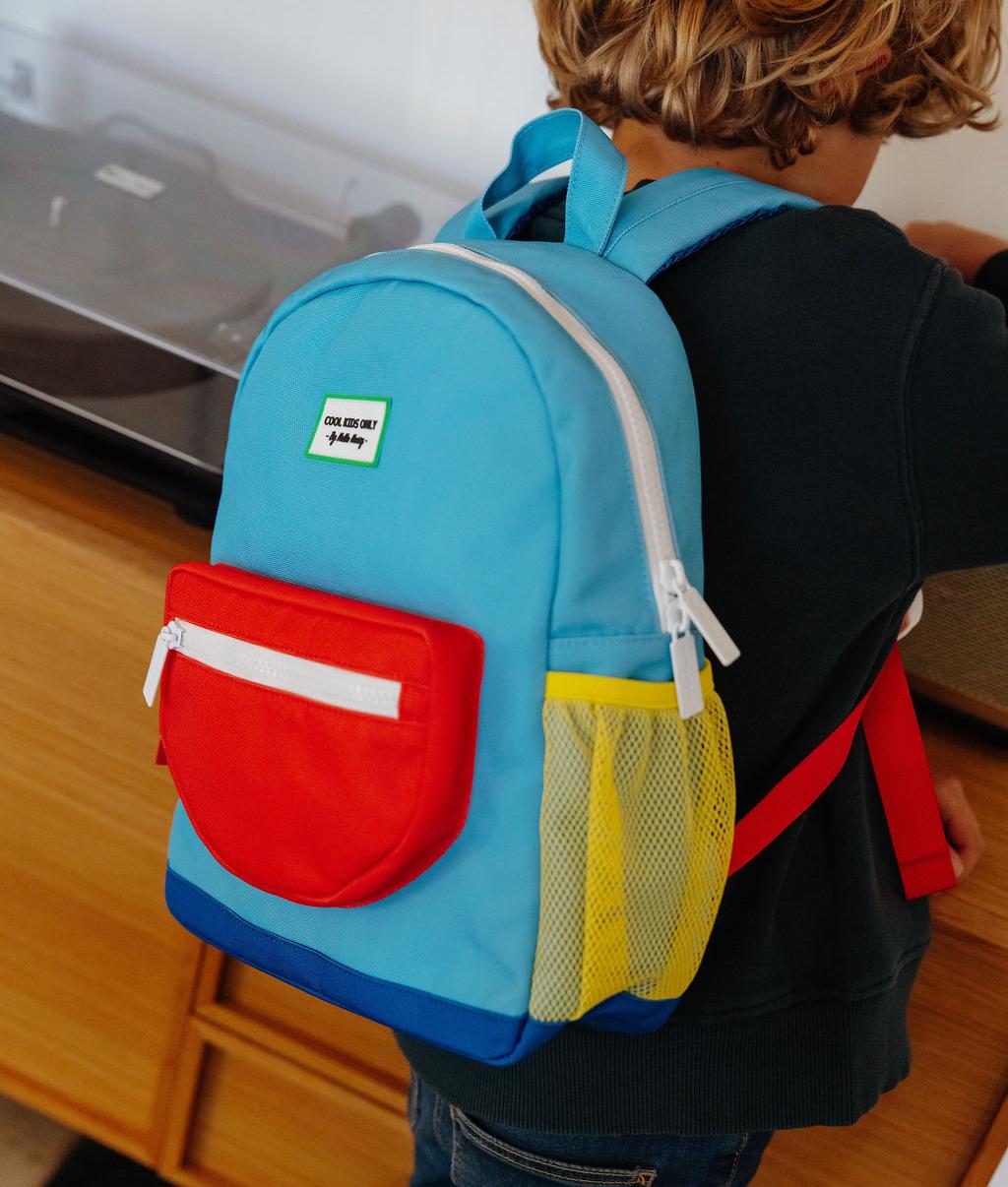 Kinderrugzak blauw rood vakje netvakje geel Hello Hossy