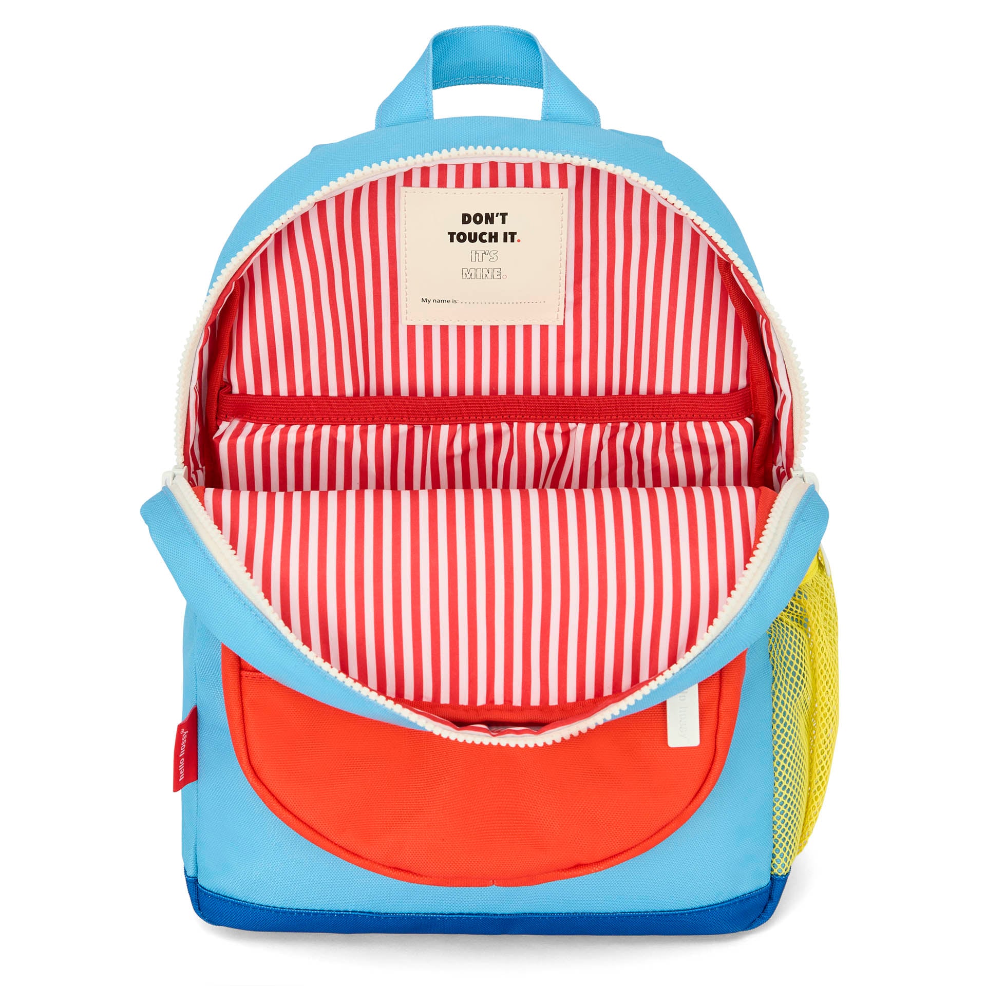Rugzak kind blauw oranje zak gestreept rood interieur Hello Hossy