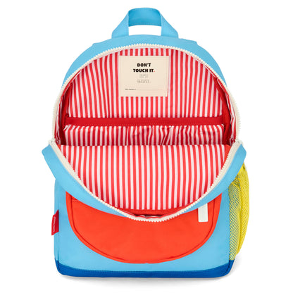 Rugzak kind blauw oranje zak gestreept rood interieur Hello Hossy