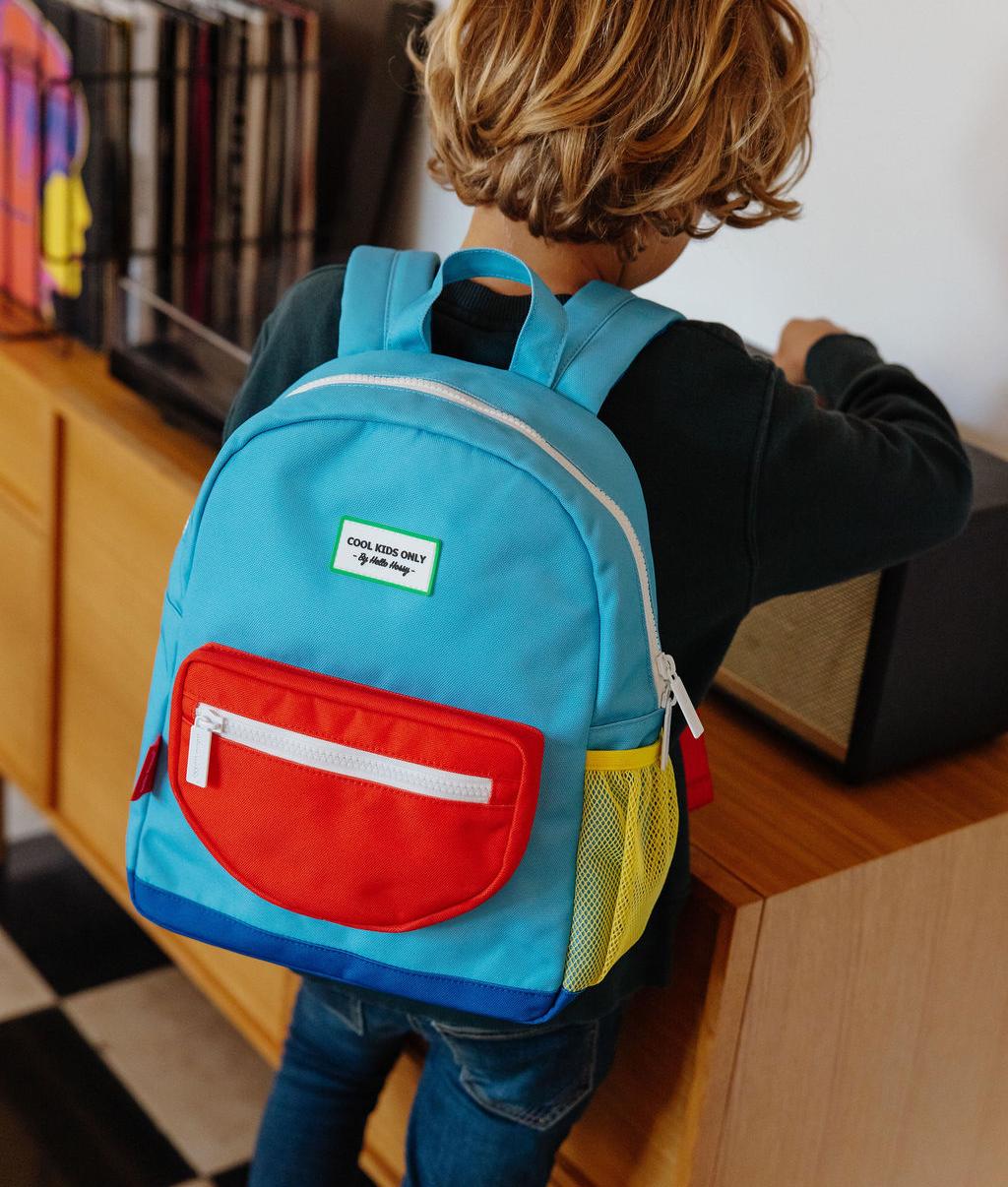 Kinderrugzak blauw rood vakje netvakje geel Hello Hossy