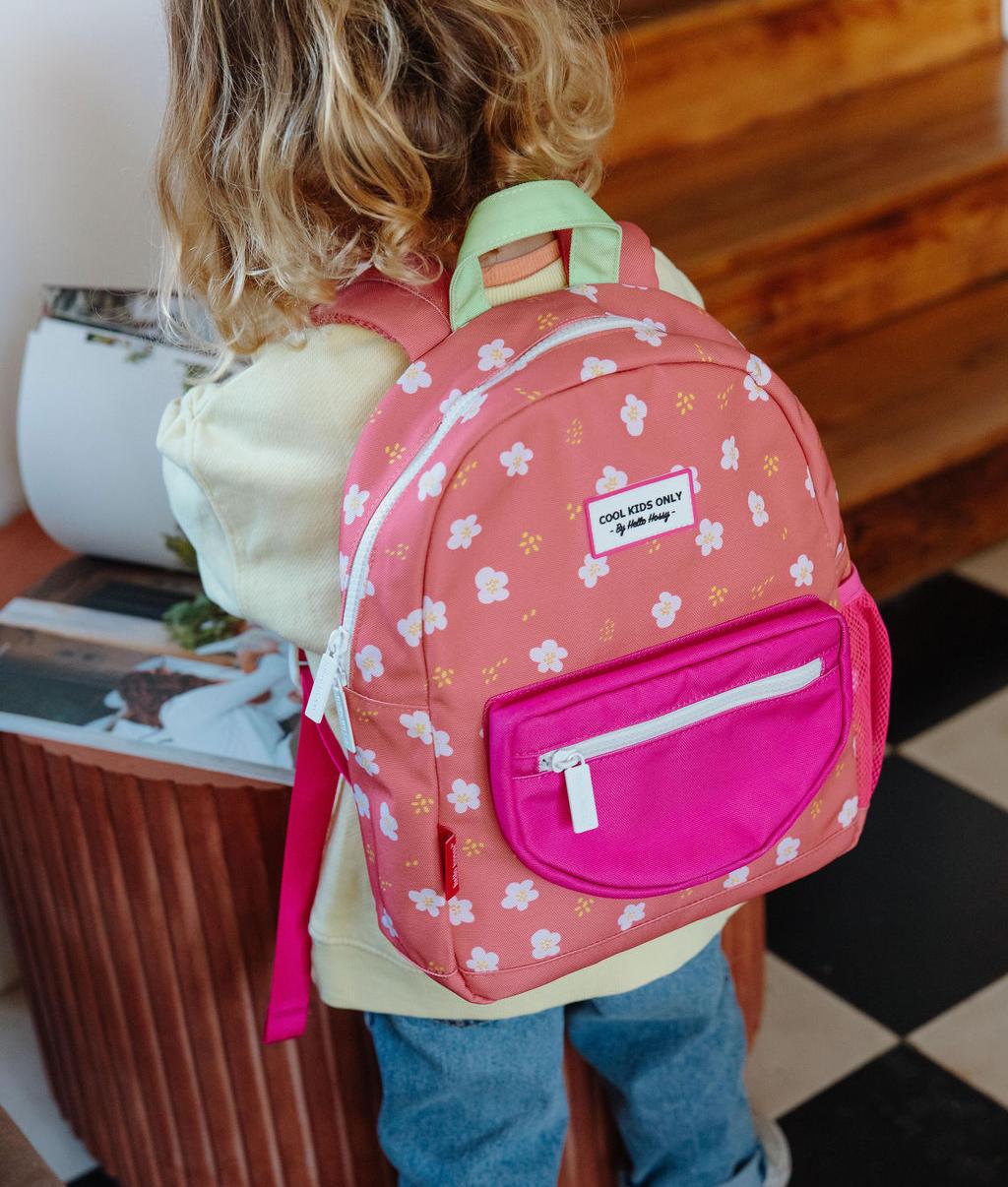 Sac à dos enfant corail imprimé fleurs poches rose Hello Hossy
