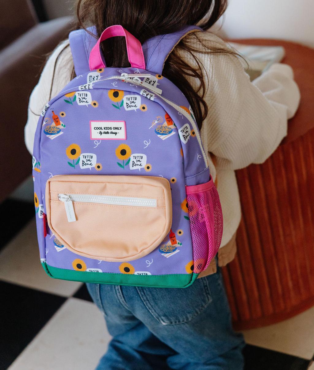 Sac à dos enfant violet imprimé fleurs poche beige Hello Hossy
