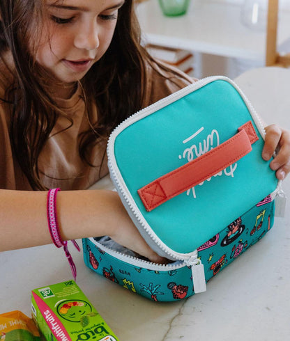 Sac goûter enfant vert corail motifs animaux poignée Hello Hossy