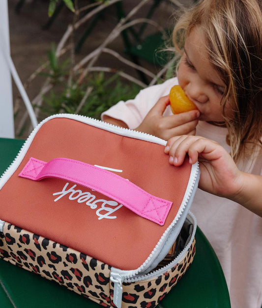 Snackzakje kind crème leopard motief roze handvat Hello Hossy