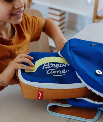 Sac goûter enfant bleu motif texte jaune Hello Hossy