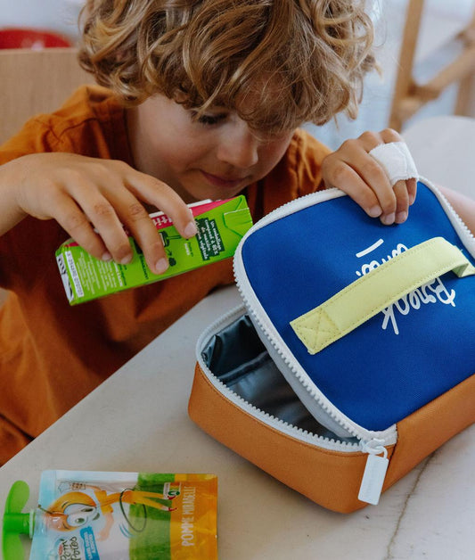 Snackzakje kind blauw handvat geel isotherm Hello Hossy