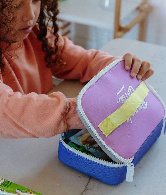 Sac goûter enfant violet bleu anse jaune Hello Hossy