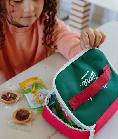 Sac goûter enfant framboise vert avec fermeture blanche Hello Hossy