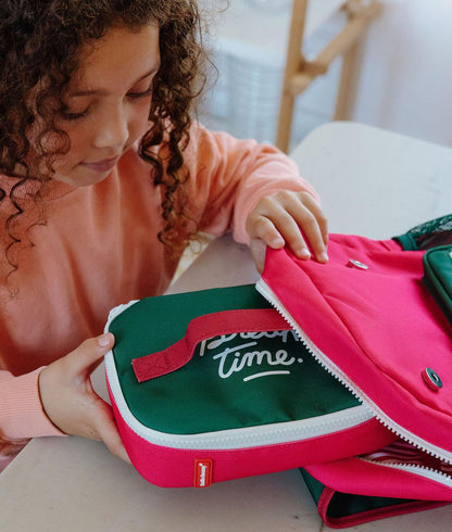 Sac goûter enfant framboise vert inscription Hello Hossy