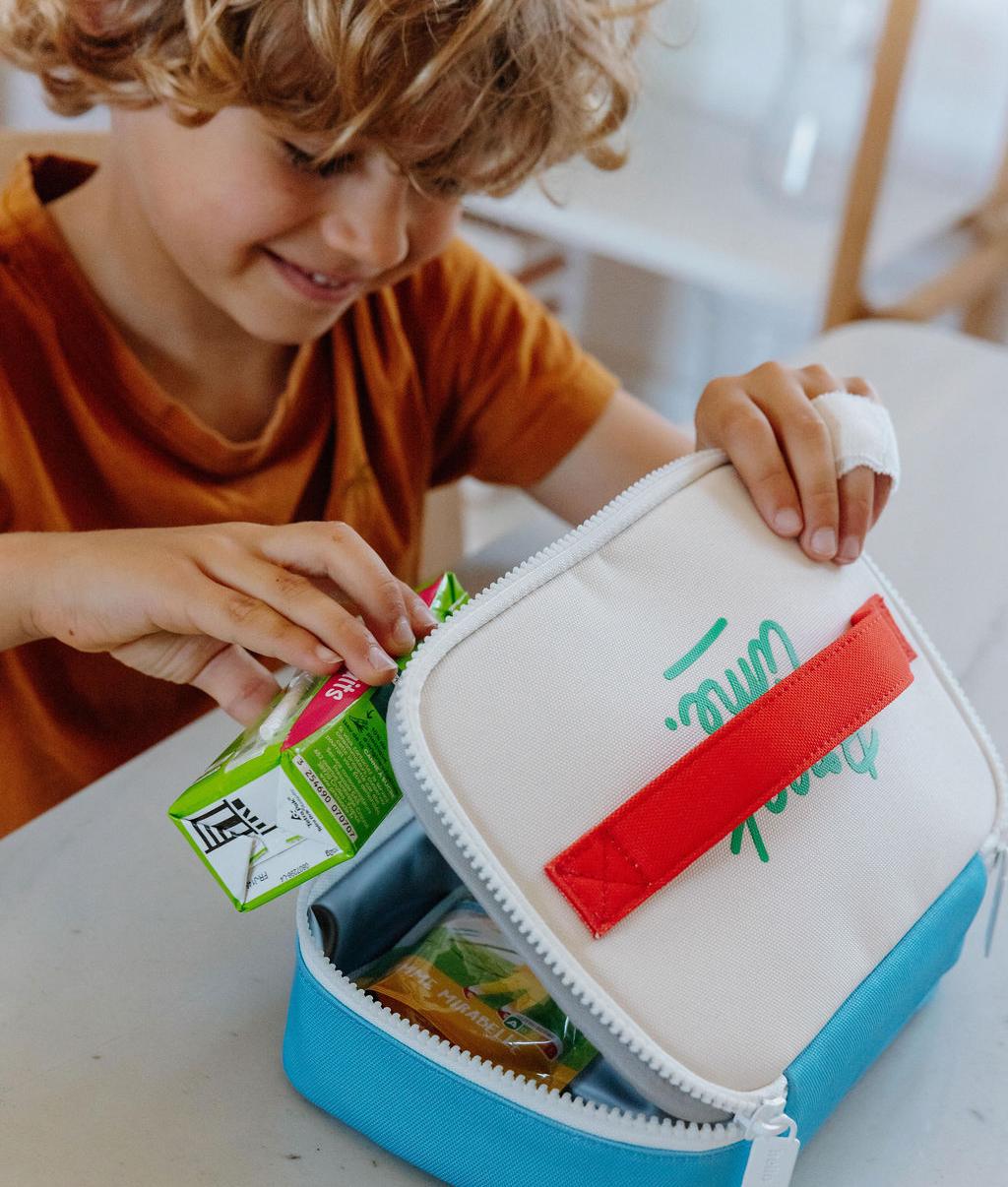 Sac goûter enfant bleu blanc poignée rouge Hello Hossy