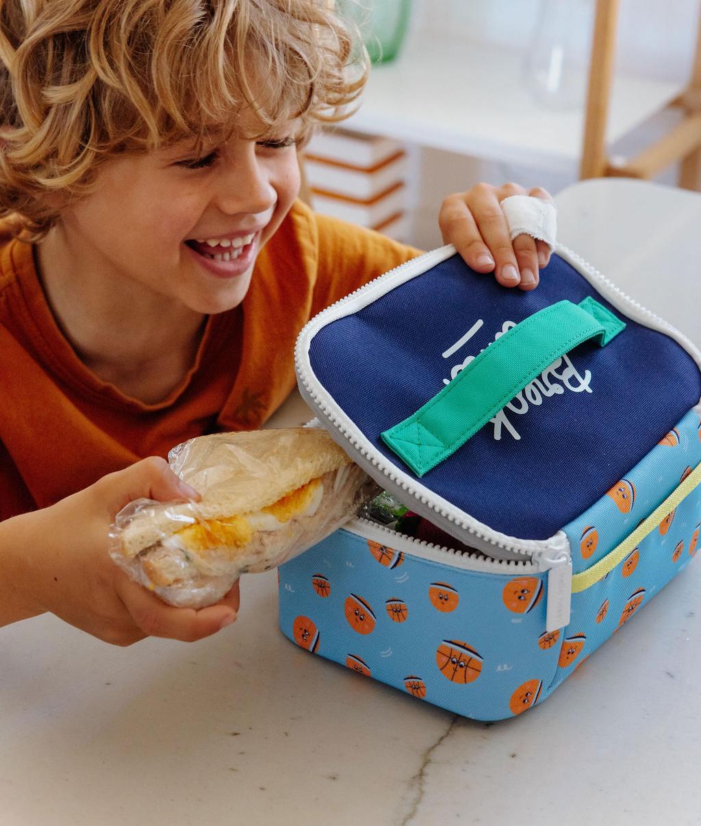 Sac repas enfant bleu orange motif sport Hello Hossy