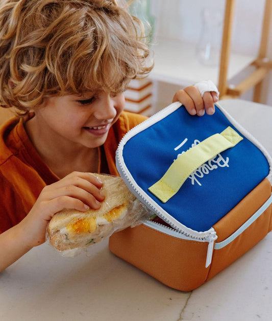 Lunchtas kind blauw handvat geel kubusvorm Hello Hossy