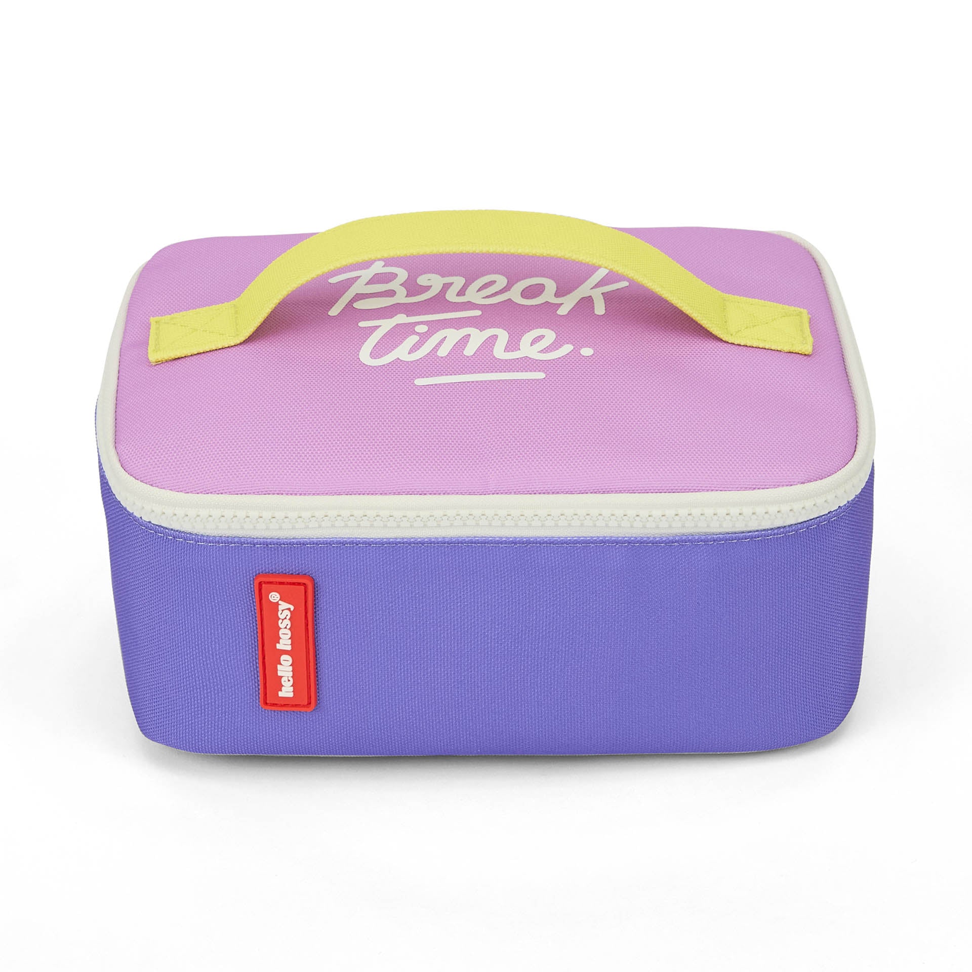 Sac repas enfant violet et rose anse jaune texte blanc Hello Hossy