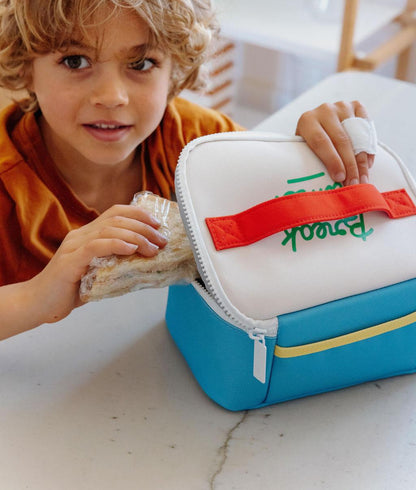Sac repas enfant bleu motif texte rouge Hello Hossy