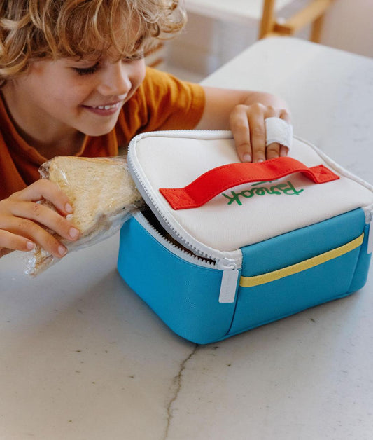 Lunchtas kind blauw handvat rood detail geel Hello Hossy