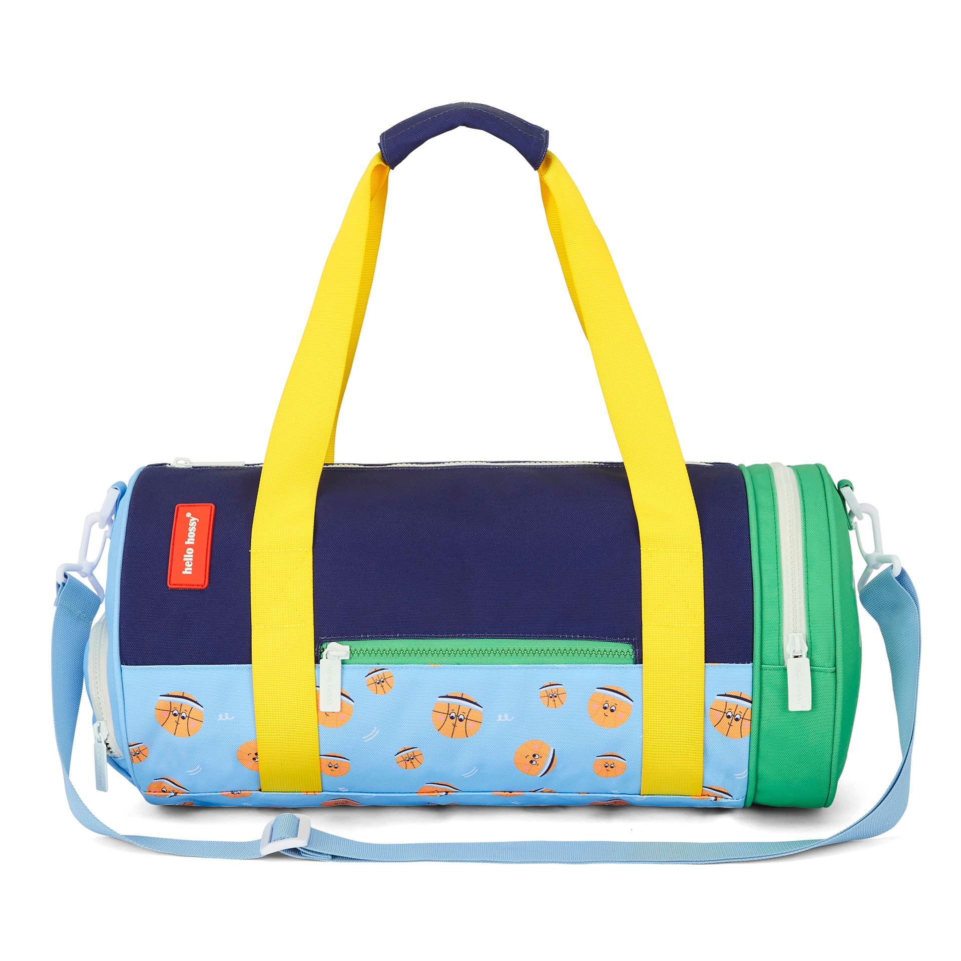 Sporttas kind blauw groen oranje sport motief gele handvatten Hello Hossy