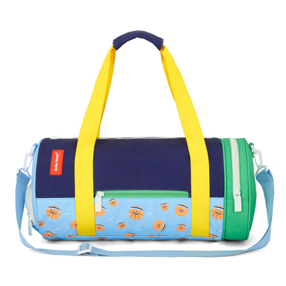 Sporttas kind blauw groen oranje sport motief gele handvatten Hello Hossy