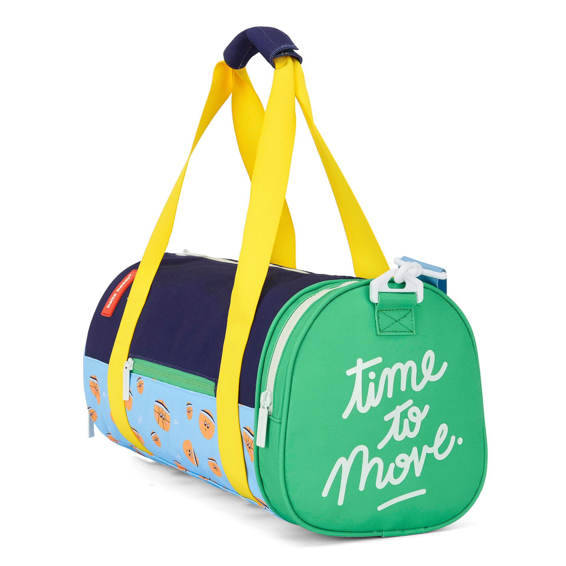 Sporttas kind blauw groen oranje sport motief geel handvat Hello Hossy