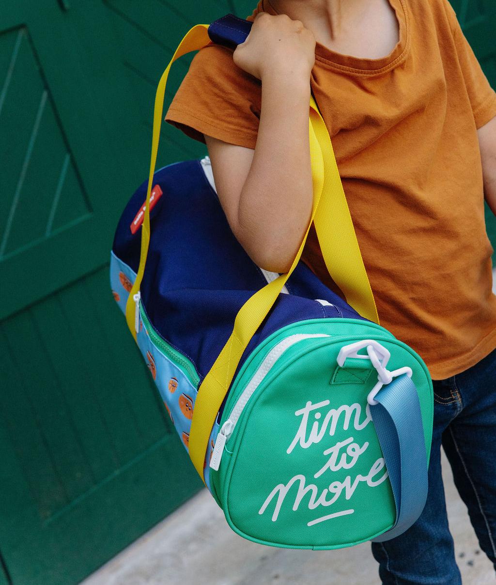 Sporttas kind blauw groen oranje wit tekst Hello Hossy