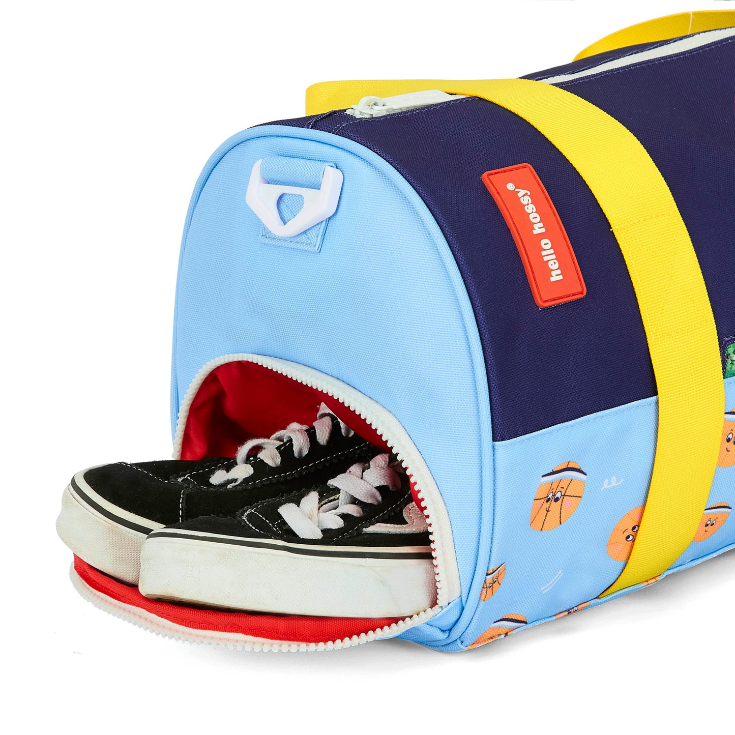 Sporttas kind blauw groen oranje sportmotieven sluitingsdetail Hello Hossy