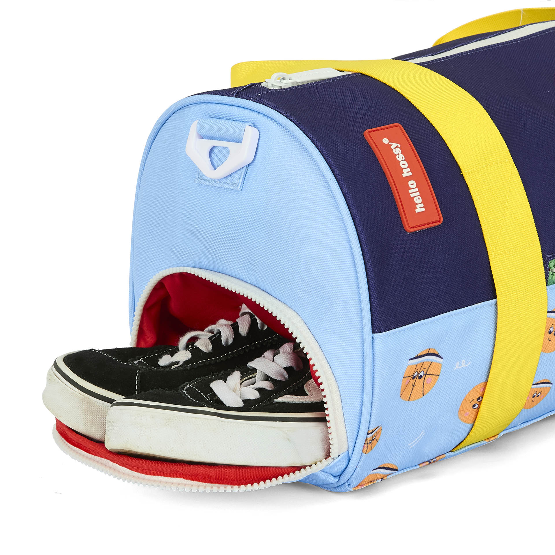 Sporttas kind blauw groen oranje sportmotieven sluitingsdetail Hello Hossy