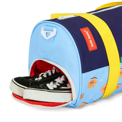 Sporttas kind blauw groen oranje sportmotieven sluitingsdetail Hello Hossy