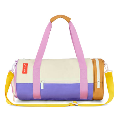 Sporttas kind beige paars camel gele schouderband Hello Hossy